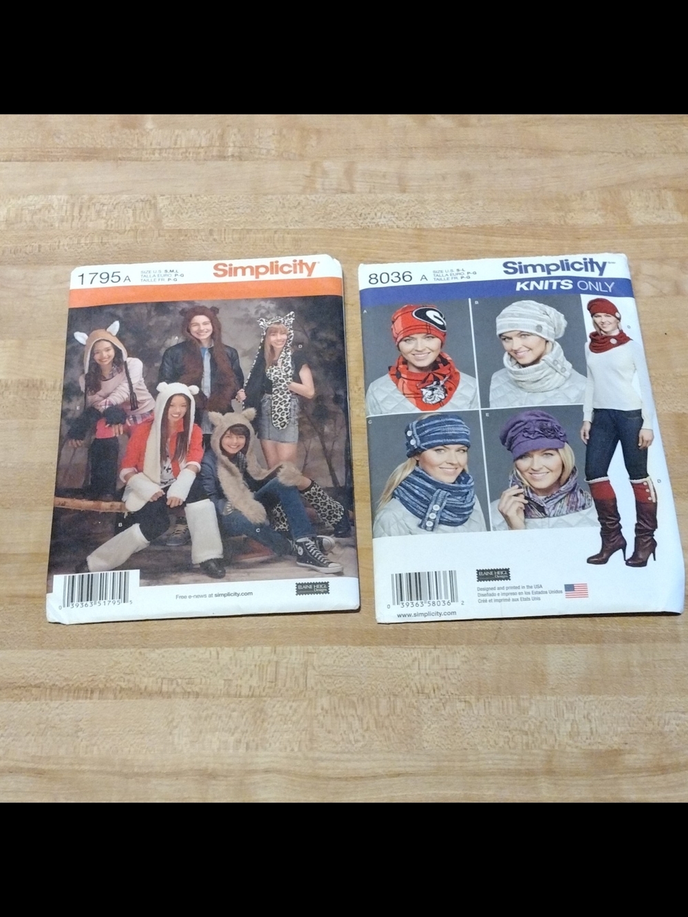Lot of 2 Simplicity Sewing Patterns: Animal Toboggan & Hat Scarf Combos OOP